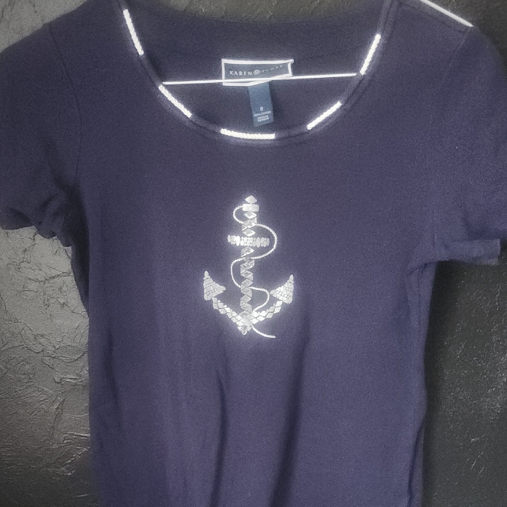 Karen Scott Dark Blue Tee with Rhinestone Anchor